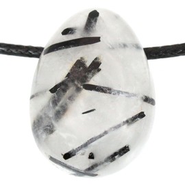 Echter Turmalinquarz Tropfenanhänger mit gewachstem Baumwollband - Gebohrter Trommelstein - Drehverschluss aus Edelstahl (Turmalinquarz, 55)