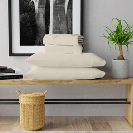 100% Cotton Queen Ivory Sheets, 600-Thread-Count 4-Piece Sateen Weave Sheet Set, Ultra Soft & Silky, Wrinkle-Resistant, Low Pill, Low Shrink, With Elasticized Deep Pocket, Luxury Queen Bedding Set