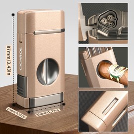 3 Jet Flame Cigar Lighter with Built-in V Cutter & Holder, All-in-One Windproof Torch Lighter, Refillable Butane, Heavy Duty Cigar Accessories, Gift for Men (Golden)