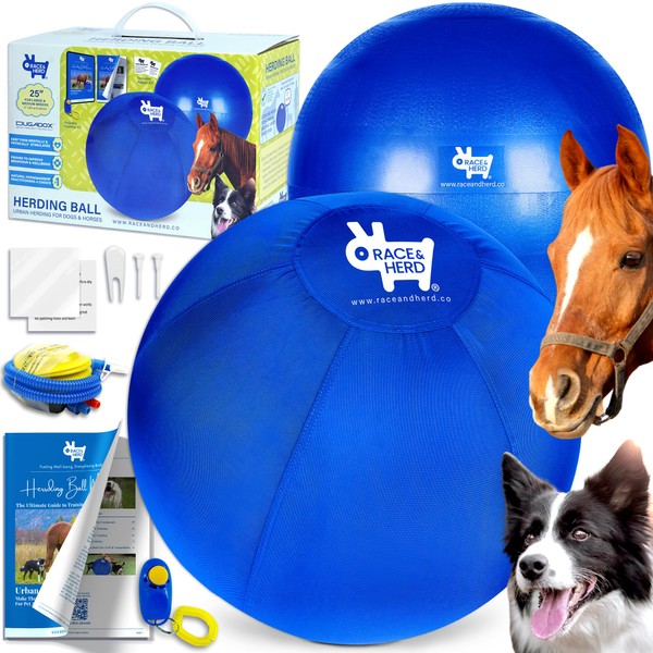 Race&Herd Herding Ball for Dogs Blue Heelers, Horse Ball & Ball Cover - 25" Ball Large with Hand Pump | for Play Hurding Ball |Hearding Ball Toys for Horses Stall…