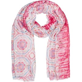 styleBREAKER Women's Scarf Batik Pattern with Metallic Stripes, Lightweight Boho Style Shawl with Short Fringes 01016230, Colour:Pink-light blue
