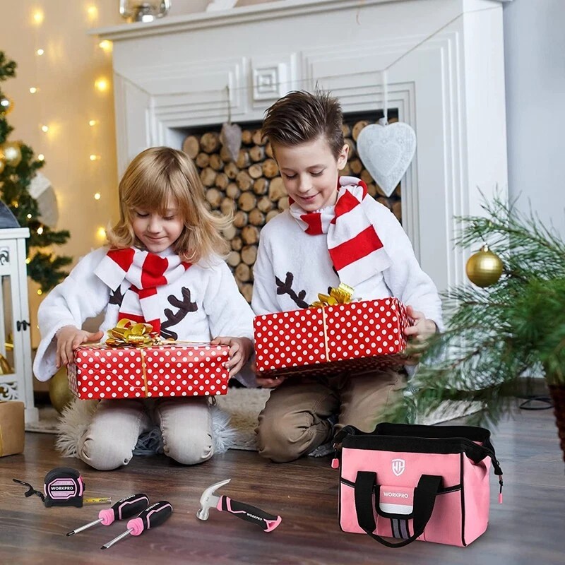 WORKPRO 9-Piece Kids Real Hand Tool Set Pink Junior Tool