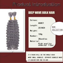 Braiding Hair, Boho Braids 20 Inch 2 Bundles Deep Water Wave Bulk for Braid No Weft Curly Braiding Hair for Wet and Wavy Braid Hair Extensions (#grey,150g/ 2 bundles）20 Inch