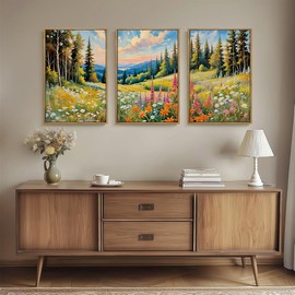 Anyzal Colorful Wildflower Nature Wall Art Framed Mountain Forest Field Wall Decror 16x24 Inch Set of 3 for Living Room Bedroom