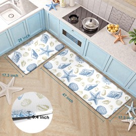 Kitchen Mats for Floor Cushioned Anti Fatigue Sets of 2 Coastal Nautical Kitchen Rugs Non Slip Waterproof Beach Theme Seashell Memory Foam Kitchen Floor Mats Comfort Standing Mat for Sink Laundry