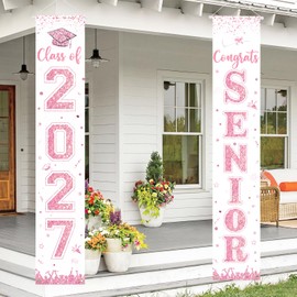 Moukeren Senior Night Party Banner 2027 Graduation Decorations Class of 2027 Door Hanging Decoration Backdrop Porch Sign for High School College Graduation Congrats Grad Party Supplies Pink and White