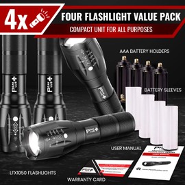 PeakPlus LED Flashlights High Lumens, Tactical Flash Lights [4 Pack] - Super Bright Waterproof Zoomable 5 Modes - Powerful Handheld Flashlight for Emergencies, Camping, Outdoor, Dog Walking