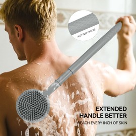 Dual-Sided Silicone Back Scrubber for Shower - 5-Level Extendable Handle (16-24 Inch) Bath Brush, Exfoliating & Massage Body Brush for Men and Women​ (Gray)