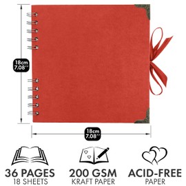 Bstorify Square Scrapbook Photo Albums 36 Pages (18 x 18 Cm) Red Thick Paper, Hardcover, Metal Corners, Ribbon Closure - Ideal for Your Scrapbooking Albums, Art & Craft Projects (Red, 18 x 18 Cm)