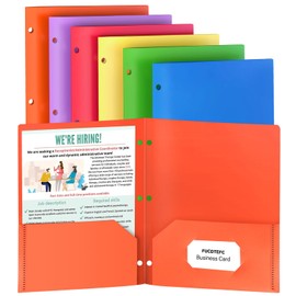 6 Pack Folders with Pockets, Plastic 3 Hole Punched Binder Folders with Business Card Holder, Colored Decorative File Folders for Documents, Filing Cabinet, School, Office, Business