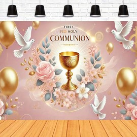 First Holy Communion Christening Photography Background Communion Chalice Girl Birthday Party Decoration Chalice Dove Cross Baby Portrait Backdrop Newborn Baby Shower Baptism Background (7X5FT)