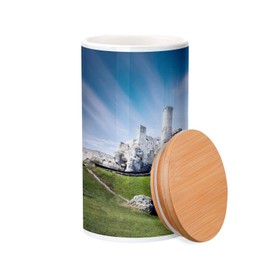 Fabulous Ceramic Pot with Lid Bamboo - Medieval Castle in Ruins Ogrodzieniec Poland - 887 ml (30 oz) - Kitchen Utensils Pot