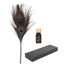 Mokernali Feather Quill Set - Double Peacock Feather Design Retro Metal Nib Calligraphy Pen With Empty Ink Bottle