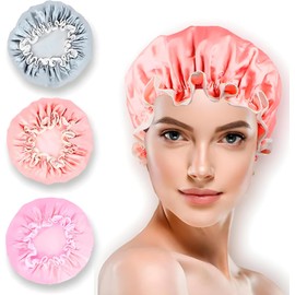 BEE VIBES Gorra de Baño Satín 3 Pack Doble Capa Impermeable Mujer 3 piezas, satín + EVA, 27 cm, reutilizable, Rose Gold, plateado, rosa, cabello rizado