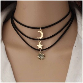 Cimenexe Bohemian Moon Pendant Necklace, Star Leather Necklace, Golden Sun Necklace, Layered Leather Choker, Gothic Adjustable Suede Necklace, Jewelry for Women and Girls