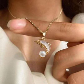 Dervivea Vintage Pearl Dolphin Pendant Necklace Gold Dolphin Necklace Chain Mother Of Pearl Dolphin Necklace Dolphin Ocean Sea Life Necklace Beach Necklace Jewelry for Women and Girls
