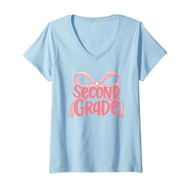 Womens Preppy Second Grade Coquette Bow Back To School Teacher Girl V-Neck T-Shirt