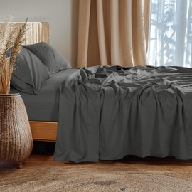 LBRO2M Linen Sheet French Flax Sheet Cotton Linen Blend Sheets Deep Pocket 16 Inch, 4 Pcs Bedding Sheet King Sheet Set, Soft, Breathable, All Season (King, Dark Gray)