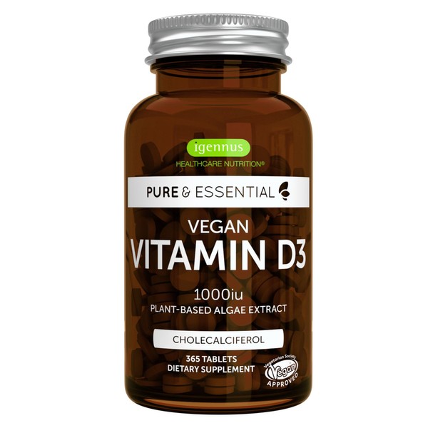 Igennus Healthcare Nutrition High Absorption Vegan Vitamin D3 1000IU, 365 Tablets, 100% Plant-Based & Non-GMO, Immune & Muscle Function, Bones & Teeth, Natural Algae Cholecalciferol, 1-Year Supply