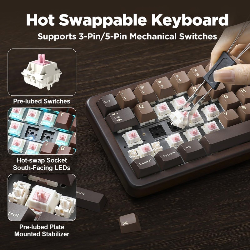 YUNZII WOOD68 65% Wireless Hot Swap RGB Mechanical Keyboard (Wood,