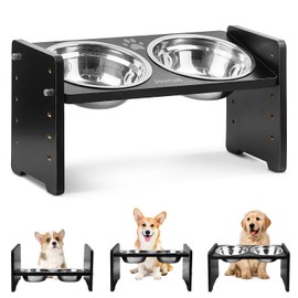 Jovrun Elevated Dog Bowls - Adjustable Stand with Non-Slip Feet, Bamboo & Stainless Steel for Small Dogs & Cats