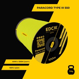 EDCX 4mm Nylon Paracord 550 100m (330 feet) - Type III, 100% Nylon Rope, 7 Strand Rope, 4mm Nylon Rope in Solid Colors (Sofit Yellow, 100 m)