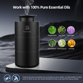 2ndAroma Waterless Essential Oil Diffuser, Aluminum Rechargeable Battery Operated Diffuser, 3 Timer Settings, 3 Mist Levels, 20ml Essential Oil Include, Black Mini Diffuser for Car Home Office Travel