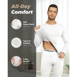 WEERTI Thermal Underwear for Men Long Johns with Fleece Lined Base Layer Men Cold Weather Top Bottom White