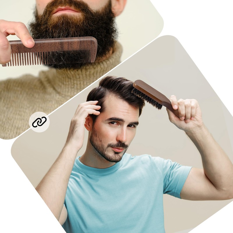 Mens Hair Brush Beard Comb Set, Slick Back Boar Bristle