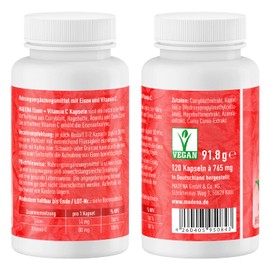 MADENA Iron Vitamin C, Natural Iron 14 mg from Curry Leaf and 3 Different Vitamin C Sources 80 mg, from Rosehip, Acerola and Camu Camu, 120 Capsules