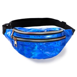 Riñoneras holográficas para mujer, festivales, fiestas, rave, brillantes, paquete de cintura de viaje y senderismo, Azul, Large, Elegante