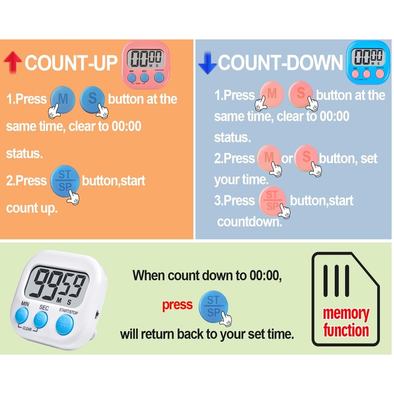 Kitchen Timer,6 Piece Multi-Function Electronic Timer,Magnetic Digital Timers Big LCD