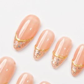 Basic Design with Chrome, French, Light Star Almond Press On Nails, Classic Design Fake Nails for Chrismast Event, Wedding Event, Prom, Party (S005, S)