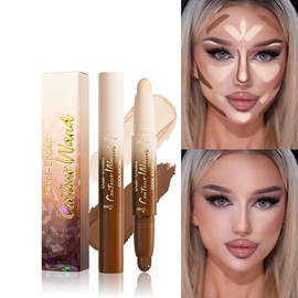 Lápiz de contorno y resaltador 2 en 1 de doble punta crema bronceador e iluminador para contorno facial y cuerpo, fórmula impermeable construible, maq