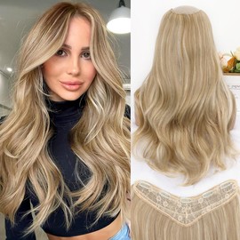 ALXNAN Long Wavy Hair Extensions for Women, Clip in Hair Extensions Clip Ins Soft Full Head Synthetic Hairpieces 20 Inch Light Brown mix Golden Blonde