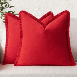 MIULEE Set of 2 Christmas Linen Throw Pillow Covers Decorative Pillow Covers Farmhouse Style Boho Cushion Covers Red Pillow Covers with Fringe for Living Room 18x18 Inch