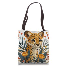 Leopard Flowers With Hearts Around Boho Style Graphic Tote Bag