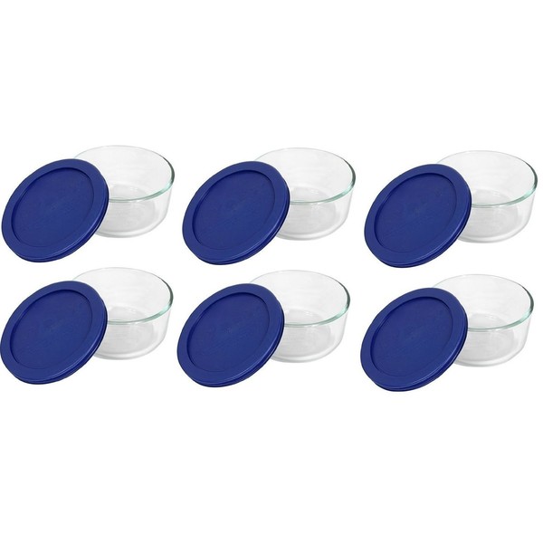 Pyrex Storage 2-Cup Round Dish, Clear with Blue Lid Case of 6 Containers