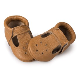 LittleBeMocs T-Strap Baby Moccasins (Italian Leather) Soft Sole Shoes for Boys and Girls | Infants, Babies, Toddlers (Caramel, Numeric_4)