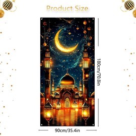 Ramadan Eid Mubarak Door Banner – 180x90cm Polyester Eid Decoration with Crescent Moon & Mosque Design, Includes Hanging Ribbon – Perfect for Ramadan, Eid al-Fitr, and Eid Party Home Decor