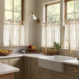 TOPICK Net Curtains Kitchen Beige Linen Bistro Curtain with Ties Kitchen Curtains for Balcony Door Caravan Country House Style Farmhouse Curtains Short Semi-Transparent Set of 2 65 W x 60 H cm