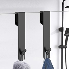 KITHOLD 7 Inch Extended Shower Door Hooks, 2 Pack Towel Hooks with Anti-Skid Rubber Layer for Bathroom Frameless Glass Shower Door, Over The Glass Door Hooks for Robe, Towel, Loofah (Black)