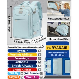 LYNXCHER Hand Luggage for Ryanair Easyjet Hand Luggage Backpack Travel Backpack Hand Luggage Airplane Laptop Backpack, lightblue