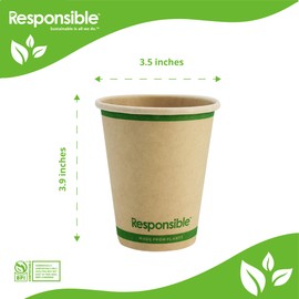 Responsible Products Certified Compostable 10 oz Paper Cups, Cold ＆ Hot Coffee Cups, Disposable Paper Cups, Extra Strength Disposable Cups, Made without PFAS (50 count)