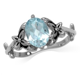 Silvershake 1.51ct. Genuine Blue Topaz 925 Sterling Silver Flower and Leaf Vintage Inspired Ring Size 8