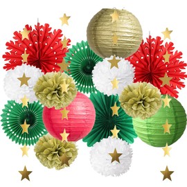 Christmas Ceiling Decorations Red Green and Gold Christmas Party Decorations Red and White Paper Snowflakes Fans Party Hanging Christmas Paper Lanterns Kit with Star Garland for Christmas Tree Indoor