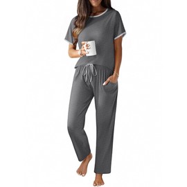 Ekouaer 100% Cotton Pajama for Women Short Sleeve Pj Top With Long Pants 2 Piece Lounge Set with Pocket Grey Large