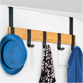 LYNK PROFESSIONAL® HOME™ Over Door Hooks Rack - 5 Hook Over Door Hanger - Over Door Towel Rack - Hanging Towels or Clothes - For Bathroom, Bedroom or Laundry Room – Lifetime Ltd. Warranty - Black/Wood