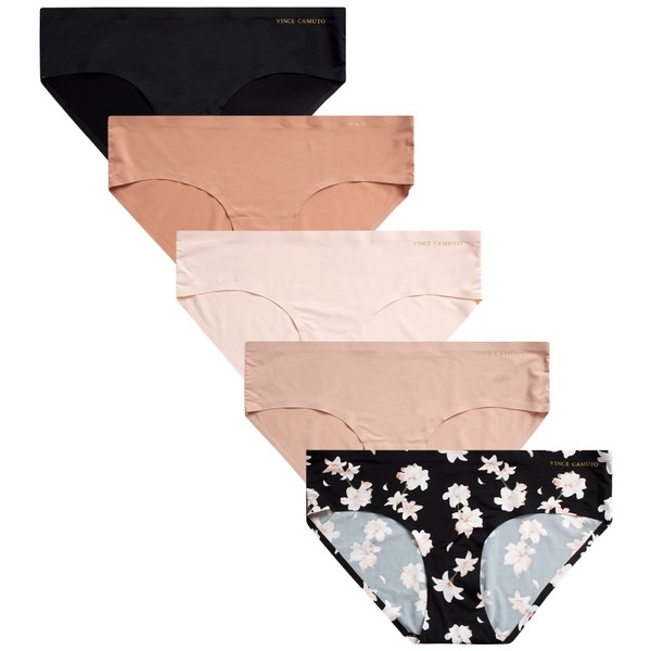 Vince Camuto Women's Underwear - 5 Pack Seamless Hipster Briefs (S-XL), Size Medium, Black Floral/Ballet/Tan/Chai/Black