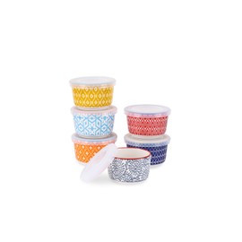 Selamica Ramekins with Lids 4 oz Oven Safe, Creme Brulee Ramekins Souffle Dishes with Covers, Stackable Ceramic Mini Ramekin Bowls Set for Dipping, Custard, Pudding, Baking, Set of 6, Assorted Colors